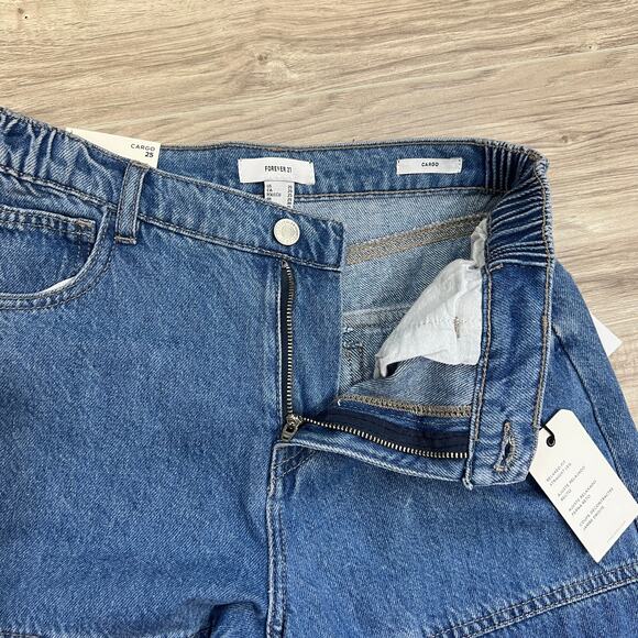 Forever 21 Women's Relaxed Fit Straight Leg Cargo Blue Jeans Size 25 - Picture 10 of 13